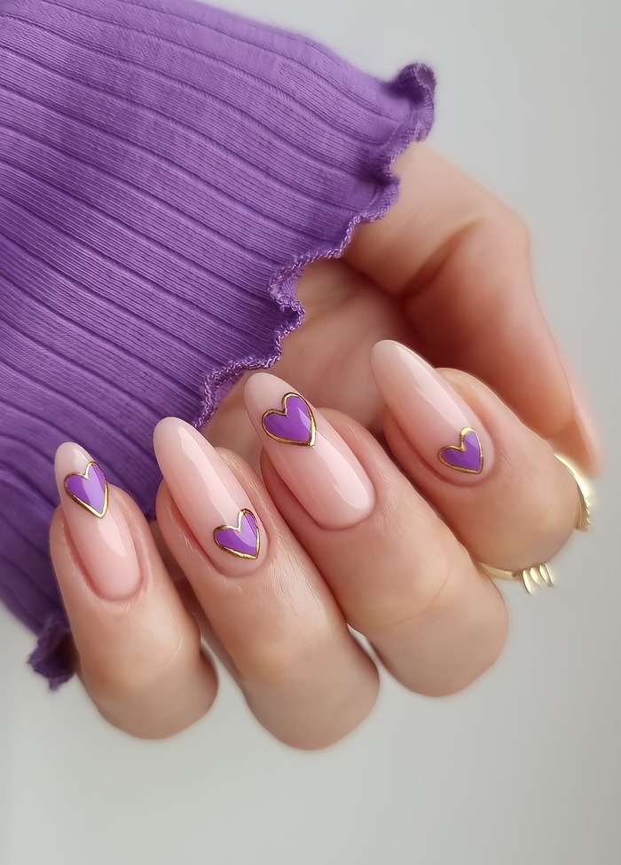 Transparent Elegance with Purple Hearts Nail Design